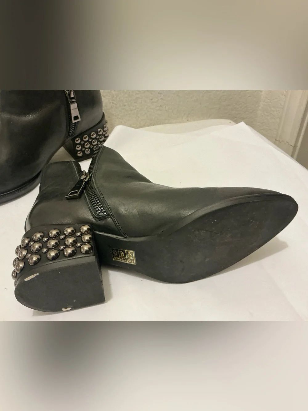 Jeffrey Campbell Black Leather Ankle Boot with Studded Heel double zip - Picture 6 of 13